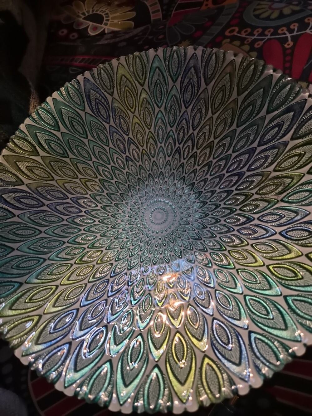 Vintage Akcam Turkey Art Glass Bowl with Iridescent Silver Foil Peacock...